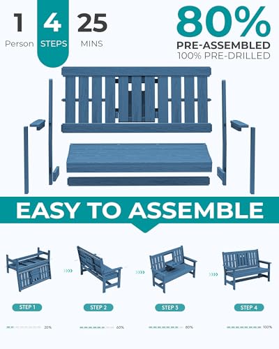 SERWALL Outdoor Bench with Cup Holder, 58" HDPE Front Porch Bench Suitable for 3 Person, All Weather Patio Benches with High Backrest and Wide Armrests for Garden, Park, Yard, Navy