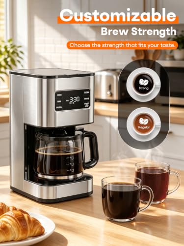 12 Cup Drip Coffee Maker Programmable, Regular & Strong, LED Display