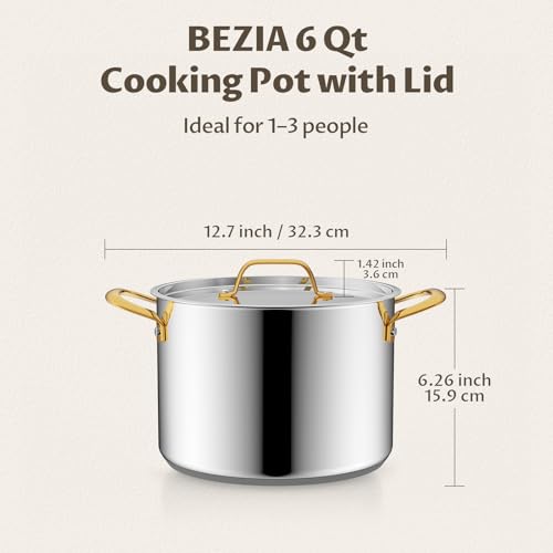 BEZIA 6 Quart Stainless Steel Stock Pot, 0-Coating Healthy Soup Pot for Small Families, Tri-ply Even Heat for Daily Cooking & Side Dishes, Compatible with All Stovetops