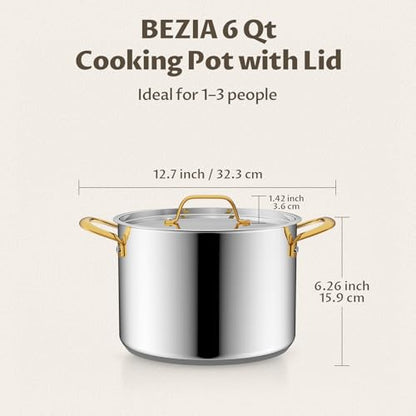 BEZIA 6 Quart Stainless Steel Stock Pot, 0-Coating Healthy Soup Pot for Small Families, Tri-ply Even Heat for Daily Cooking & Side Dishes, Compatible with All Stovetops