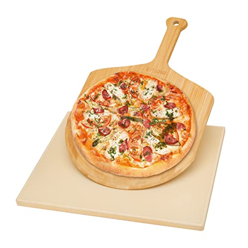 Mimiuo Pizza Stone and Wood Peel Set for Oven and Grill - 12x15 Inch Rectangular Baking Stone with Bamboo Peel, Perfect for Crisp Crust Pizza, Breads, Cheese, and More