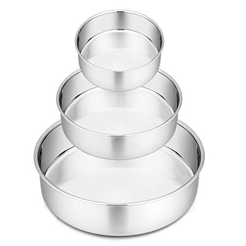 P&P CHEF Cake Pan Set of 3, 4" + 6" + 8" Round Baking Layer Tier Cake Pans Tins, Stainless Steel Bakeware for Birthday Weeding, Heavy Duty & Non Toxic, Mirror Finish & Dishwasher Safe