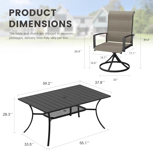 ARKOST Outdoor Dining Set for 6, 59.2" Outdoor Dining Table with Umbrella Hole and Padded Textilene Patio Swivel Chairs, 7 Pieces Patio Table and Chairs Set for Garden Backyard, Mixed Brown and Black
