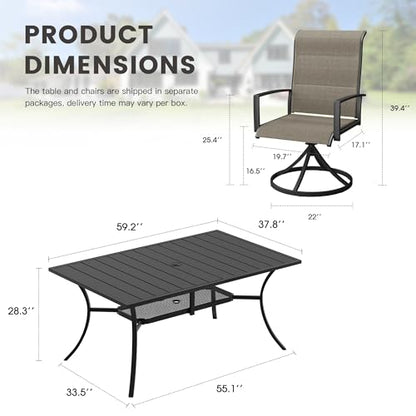 ARKOST Outdoor Dining Set for 6, 59.2" Outdoor Dining Table with Umbrella Hole and Padded Textilene Patio Swivel Chairs, 7 Pieces Patio Table and Chairs Set for Garden Backyard, Mixed Brown and Black