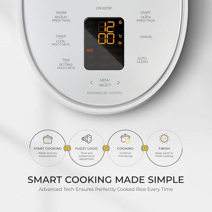 CUCKOO Micom Rice Cooker 3-Cup Uncooked / 6-Cup Cooked with Nonstick Inner Pot, Small Rice Maker with 8 Menu Options, Fuzzy Logic Technology, Auto Clean, Quick Rice Mode, White (CR-0375FW)