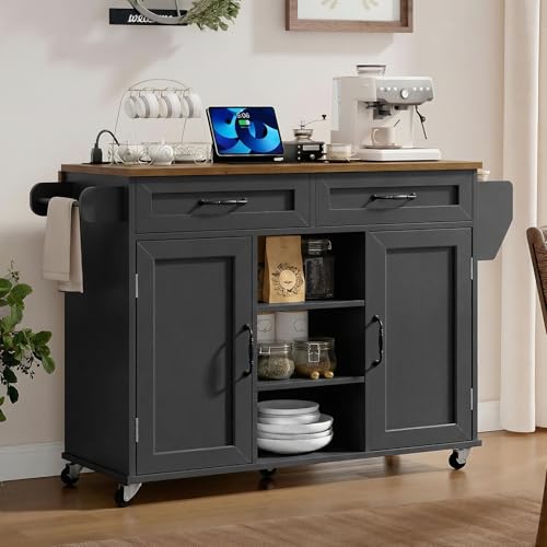 RALGEND Kitchen Island with Power Outlets & Drop Leaf, Kitchen Cart with Storage, Drawer and Spice Rack, Tower Rack, Island Table, Black and Rustic Brown