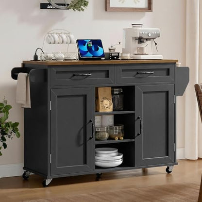 RALGEND Kitchen Island with Power Outlets & Drop Leaf, Kitchen Cart with Storage, Drawer and Spice Rack, Tower Rack, Island Table, Black and Rustic Brown
