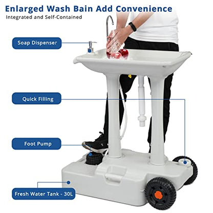 VINGLI 30L Upgraded Portable Sink| Rolling Hand Wash Basin Stand with Towel Holder & Soap Dispenser & Wheels, Perfect for Garden/Camping/Outdoor Events/Gatherings/Worksite/RV/Indoor, White