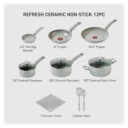 T-Fal Refresh Ceramic Nonstick Cookware Set, 12-Piece Ceramic Pots and Pans Set, Includes Stockpot, Griddle, Frying Pans, Utensils, Moon Grey