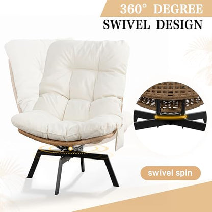 Vongrasig Swivel Wicker Chair PE Rattan Chair with Cushion, Oversized Patio Lounge Chair for Outdoor, Indoor, Balcony, Backyard, Garden, Living Room, Beige