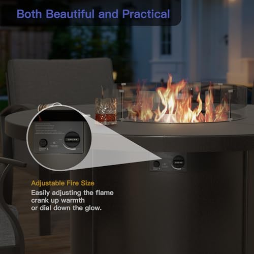 Kurapika 5 Piece Metal Outdoor Patio Furniture Set with Round Fire Pit Table, Patio Conversation Sets 4 Swivel Chairs with Thick Cushion and 40000 BTU Fire Pit Table, Gray
