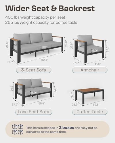 Oasbira Aluminum Outdoor Patio Furniture, 3 Seats All-Weather Outdoor Patio Sofa with Washable Thick Cushion, Patio Sofa Couch for Porch, Balcony, Deck, Yard, Gray