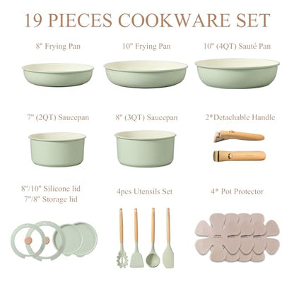 CAROTE Pots and Pans Set, Nonstick Cookware Set Detachable Handle, 19pcs Induction Kitchen Cookware Sets Non Stick with Removable Handle, RV Cookware Set, Oven Safe, Sage Green