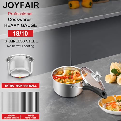 1 Quarts 18/10 Stainless Steel Saucepan, Joyfair Small Sauce Pan Milk Pot with Glass Lid for Cooking Stewing Boiling Spaghetti Soup, Extra Pan Wall & Heat-proof Bakelite Handle, Dishwasher Safe