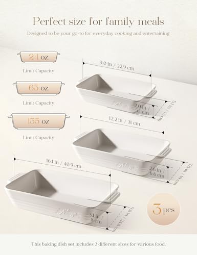 Ceramic Baking Dish Set, 3-Piece Casserole Dishes for Oven, Rectangular Baking Pans, Deep Lasagna Pans with Handles, Multi-Size Set for Cooking, Baking, Serving, and Gifting, White (16.1''/12.2''/9'')