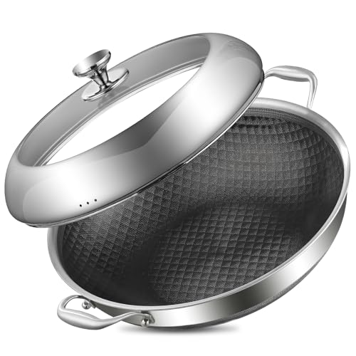 DELARLO Tri-Ply Stainless Steel Wok Pan With Lid 14 Inch Non stick,Woks & Stir-Fry Pans Nonstick 6QT Deep Frying Pan, Induction Saute Pan With Lid,Dishwasher and Oven Safe