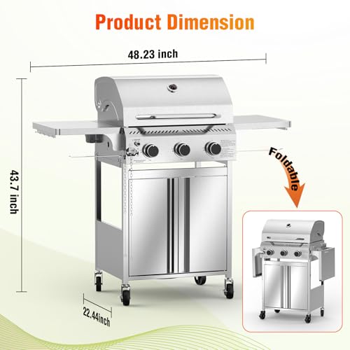 Electactic G31 Gas Grill, 3-Burner Gas Grill with Folding Side Tables,Stainless Steel 24,000 BTU BBQ Grill,Outdoor Propane Grill for Barbecue,Patio,Camping