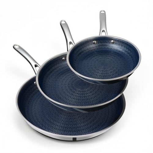Ammeloo Hybrid Tri-Ply Stainless Steel Frying Pan Set, 8"/9.5"/11" Cooking Pans, Non Stick Frying Pans and Skillets, Chef Pan, Non Toxic, Dishwasher Safe, Induction Compatible, Blue Interior