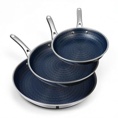 Ammeloo Hybrid Tri-Ply Stainless Steel Frying Pan Set, 8"/9.5"/11" Cooking Pans, Non Stick Frying Pans and Skillets, Chef Pan, Non Toxic, Dishwasher Safe, Induction Compatible, Blue Interior