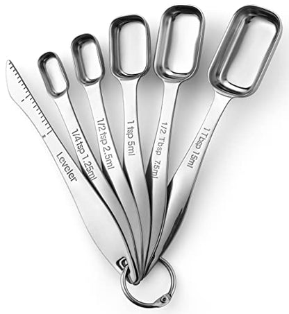 Spring Chef Stainless Steel Measuring Spoons Set of 6 with Leveler, Rectangular Metal Teaspoon & Tablespoon Measuring Spoons for Dry & Liquid Ingredients - Nesting Kitchen Gadgets For Baking & Cooking
