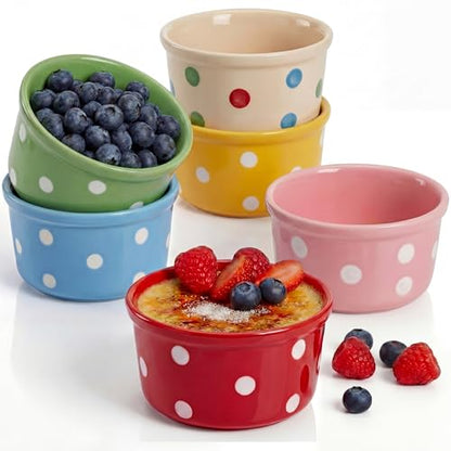 Teecyhooo 6 Pack 6 oz Colorful Ice Cream Ceramic Bowls Ceramic Ramekins Oven Safe Small Dessert Cups Porcelain Baking Cups Single Mini Bowls for Personal Pudding Souffle Serving Dip