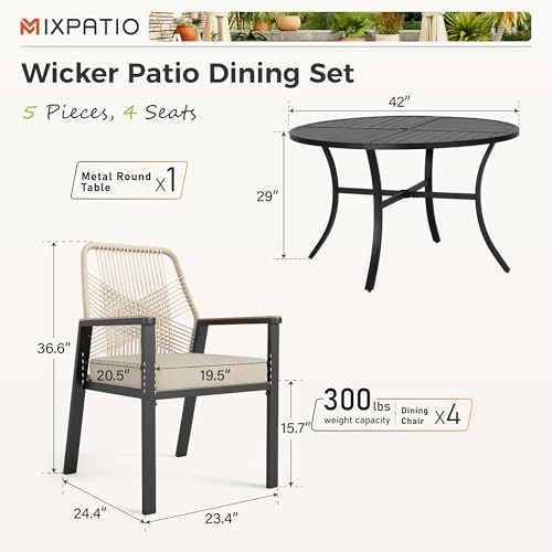 MIXPATIO 5 Pieces Round Outdoor Dining Set for 4, Patio Dining Set Wicker Rattan Chairs with Soft Cushion and 42" Round Table with Umbrella Hole, Round Patio Table and Chairs for Backyard Porch