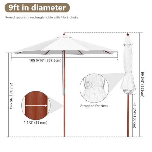 Yescom 9FT Wooden Patio Umbrella UV30+ for Beach Pool Wedding Party Table Market Garden Yard Hotel Deck Cafe White