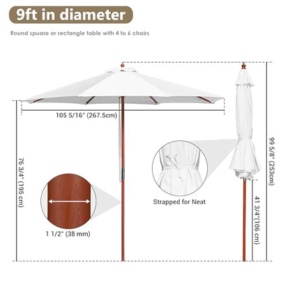Yescom 9FT Wooden Patio Umbrella UV30+ for Beach Pool Wedding Party Table Market Garden Yard Hotel Deck Cafe White
