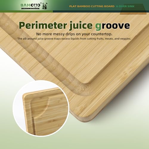 BAMOTTO CRAFTBAMBOO XXL Extra Large 100% Organic Bamboo Cutting Board 24"x18" - Butcher Block Chopping/Carving Board with Handle & Juice Groove for Turkey, Meat, Vegetables, BBQ