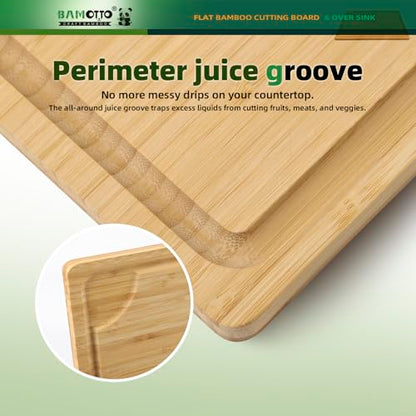 BAMOTTO CRAFTBAMBOO XXL Extra Large 100% Organic Bamboo Cutting Board 24"x18" - Butcher Block Chopping/Carving Board with Handle & Juice Groove for Turkey, Meat, Vegetables, BBQ