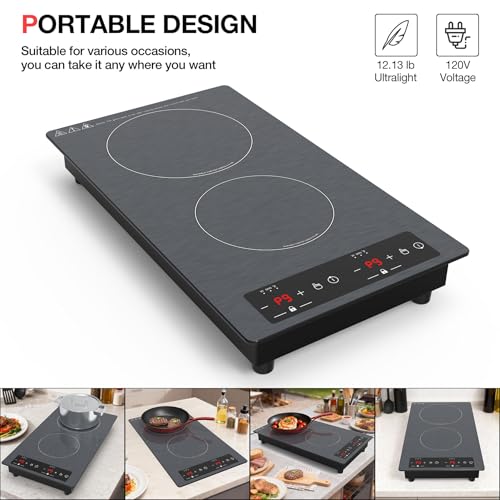 Double Induction Cooktop 110v-120v, GTKZW 2300W Electric Cooktop 20 inch Hot Plate Electric Stove Top with Plug in, Built-in and Countertop, 9 Power Levels, Timer & Safety Lock