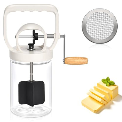 CAROD Traditional Manual Butter Churn Maker, 1.2L Capacity Glass Jar with Sifting Lid, Create Delicious Homemade Butter within 15 Min, Upgraded Design Protect from Injury