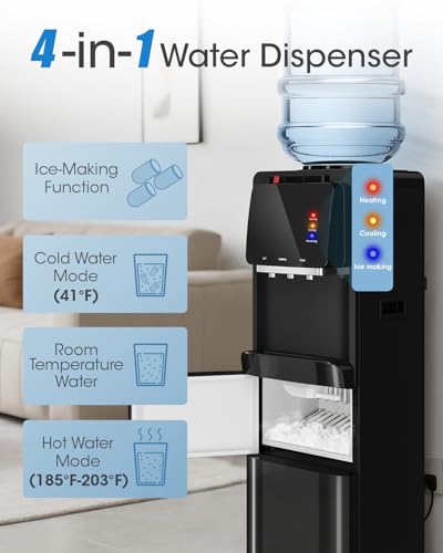 Manastin 4-in-1 Water Dispenser with Ice Maker, Hot & Cold & Room Temperature Top Loading Water Cooler with Fast Ice Making, Compatible with 3–5 Gallon Bottles, for Home and Office, Space Black