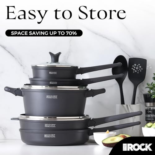 THE ROCK SOHO 15Pcs Cookware Set – Pots and Pans Set Non Stick with ROCK.TEC – Compact for Urban Kitchens, Nothing Sticks, Never Warps, Lasts Longer, Induction & Dishwasher Safe, Black