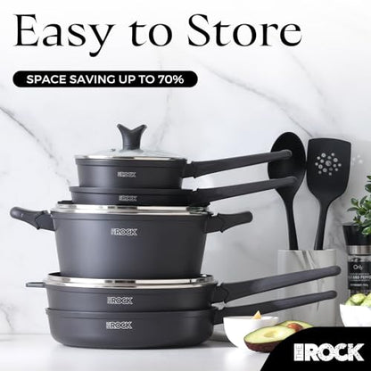 THE ROCK SOHO 15Pcs Cookware Set – Pots and Pans Set Non Stick with ROCK.TEC – Compact for Urban Kitchens, Nothing Sticks, Never Warps, Lasts Longer, Induction & Dishwasher Safe, Black