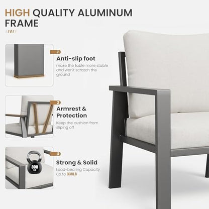 VONZOY Outdoor Loveseat with Coffee Table Small Furniture Aluminum Patio Love Seat Couch Outdoor Chairs with 4" Cushion Loveseats Sofa for Poolside,Balcony,Deck,Yard