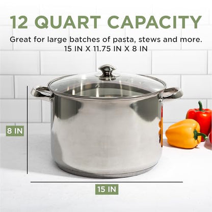 Ecolution Pure Intentions Stock Pot - Features Tempered Glass Lid, Stay-Cool Handles, and Encapsulated Bottom - Oven Safe - Curbside Recyclable Stainless Steel - 12 Quarts