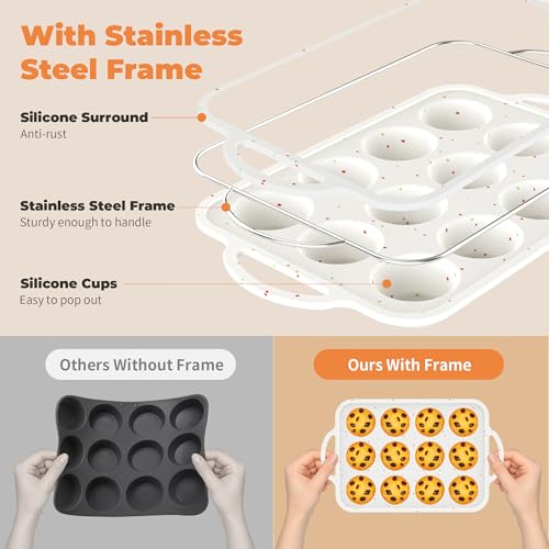 POSOSTO 2Pack Silicone Muffin Pan For Baking With Metal Reinforced Frame, 12 Cup Regular Size Nonstick Cupcake Pan, BPA Free Silicone Muffin Tray, Cupcake Baking Pan Molds for Oven