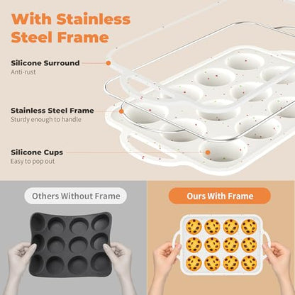 POSOSTO 2Pack Silicone Muffin Pan For Baking With Metal Reinforced Frame, 12 Cup Regular Size Nonstick Cupcake Pan, BPA Free Silicone Muffin Tray, Cupcake Baking Pan Molds for Oven