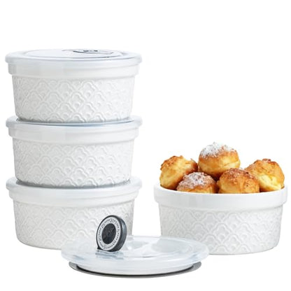 12 oz Ramekins with Lids Oven Safe, Creme Brulee Ramekins with Covers, Ceramic Small Baking Dishes Set of 4, Souffle Dishes Bowls Dishwasher Safe, Mothers Day Gifts for Mom