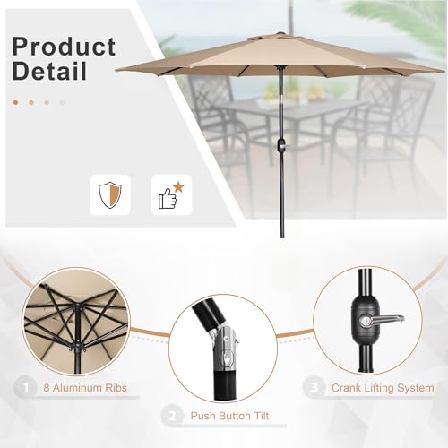 Crownland 7 Piece Patio Dining Set, Textilene Dining Sets, 6 Textilene Metal Chairs and Rectangular Outdoor Dining Table with Khaki 9FT Round Outdoor Umbrella (Black)