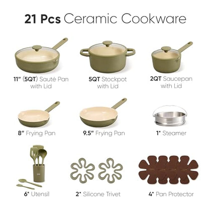 CAROTE 21pcs Cookware Set Nonstick Pots and Pans Set, Ceramic Cookware Set Induction Cookware, Non toxic Healthy Non Stick Kitchen Cooking Set, PFAS PTFE Free