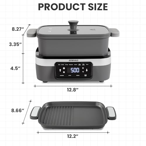 AEWHALE Multifunctional Electric Skillet with Grill|8 Cooking Functions|Removable Non-Stick Plate+Pot+Lid,1500 W Digital Family Size Griddle