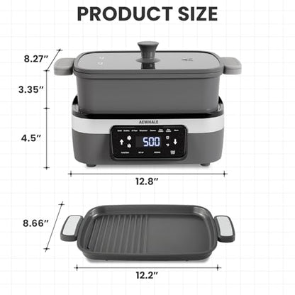AEWHALE Multifunctional Electric Skillet with Grill|8 Cooking Functions|Removable Non-Stick Plate+Pot+Lid,1500 W Digital Family Size Griddle