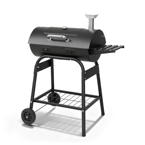 Outvita Barrel BBQ Charcoal Grill with Warming Rack & Dual Prep Table Black