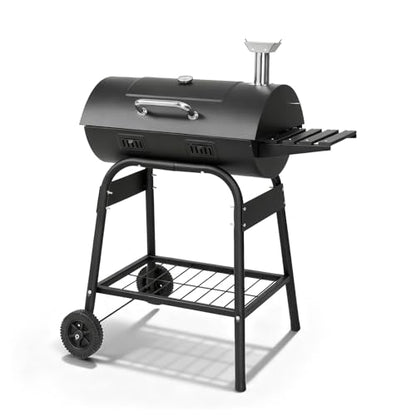 Outvita Barrel BBQ Charcoal Grill with Warming Rack & Dual Prep Table Black