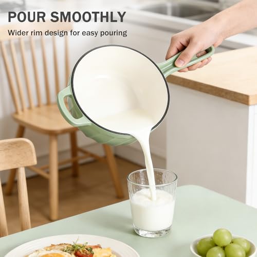 NSIRONS 1 Quart Saucepan with Lid, Enameled Cast Iron Sauce Pan, Heavy Duty Small Pots for Cooking Pasta Sauce, Soup, Milk, Oven Safe up to 500°F (Fig Green)