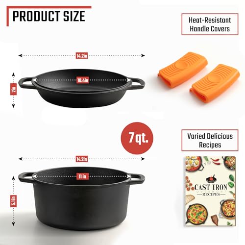 Overmont 2-in-1 Cast Iron Dutch Oven - 7QT Pre-Seasoned All-in-One Casserole Braising Pan with Skillet Lid Cookbook & Silicone Handle Covers - Heavy Duty Oven-Safe Pot for Sourdough Baking Frying Camping