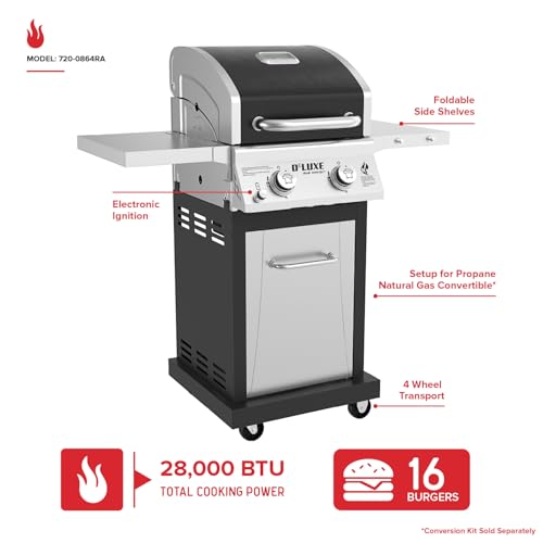 Nexgrill Deluxe 2-Burner Gas Grill with 401 SQ In Grate, 28000 BTUs, Stainless Steel Control Panel & Foldable Side Table, Propane BBQ Grill for Outdoor Cooking, Patios, Backyards and More - 720-0864RA