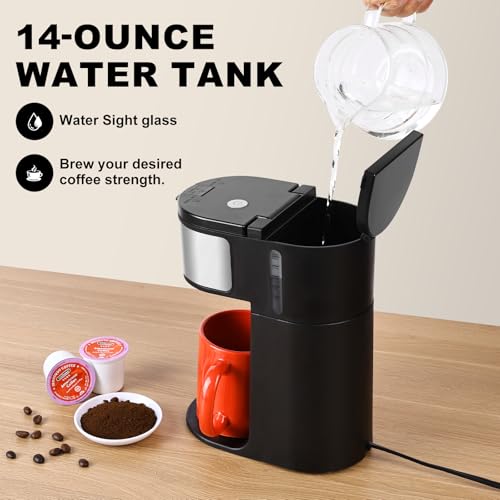 Ranbomer K Cup Coffee Maker, Single Serve coffee machine or Ground Coffee Machine 2 in 1, 6 to 14 Oz Brew Sizes, Mini One Cup Coffee Maker with Self cleaning Function.